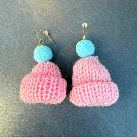 Handmade Knit Toque Earrings with Pom Pom - Pink and Blue - Picture 6 of 11